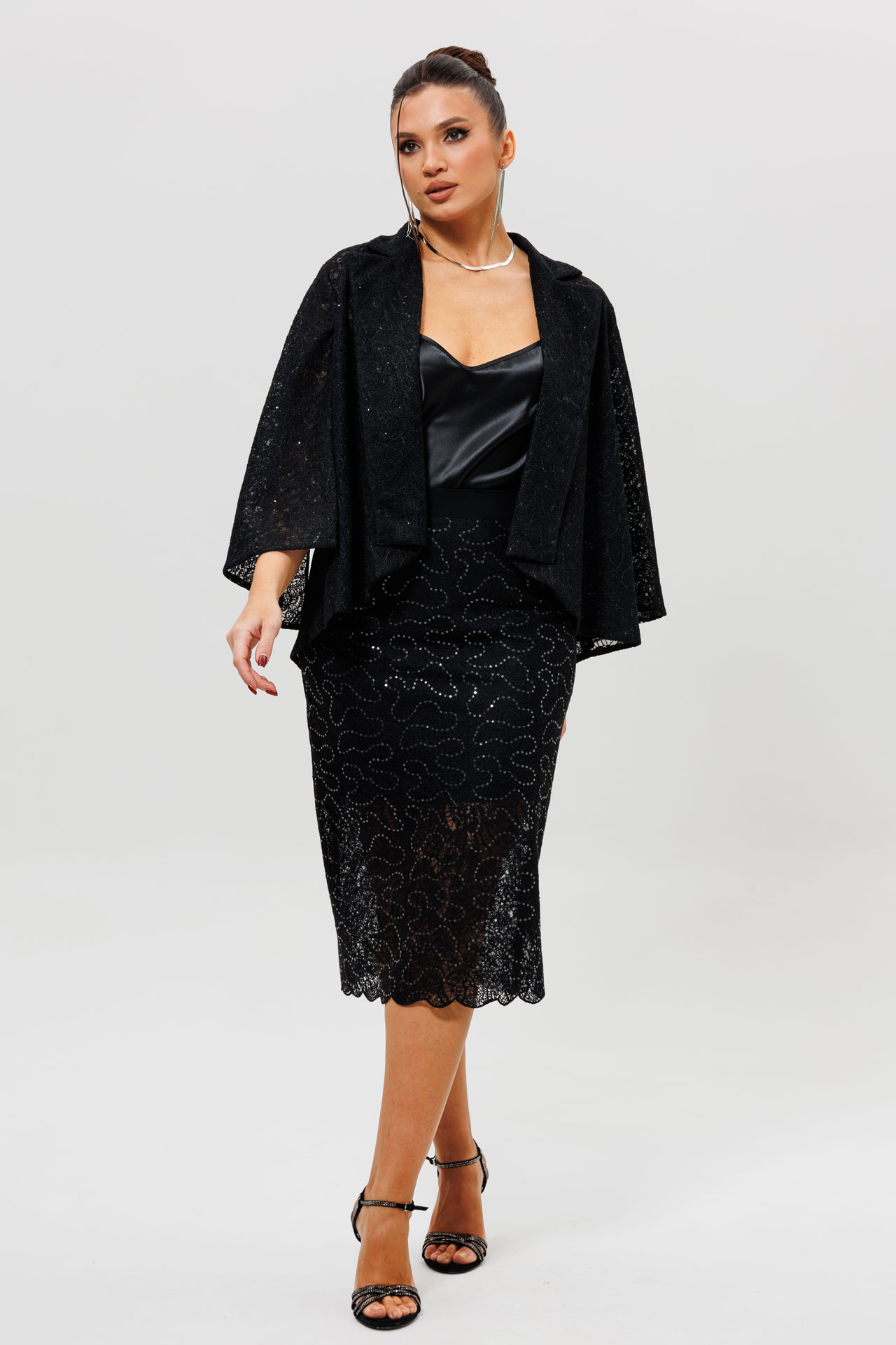 Костюм черный кружевной с кейпом, топом и юбкой арт. 1286/1