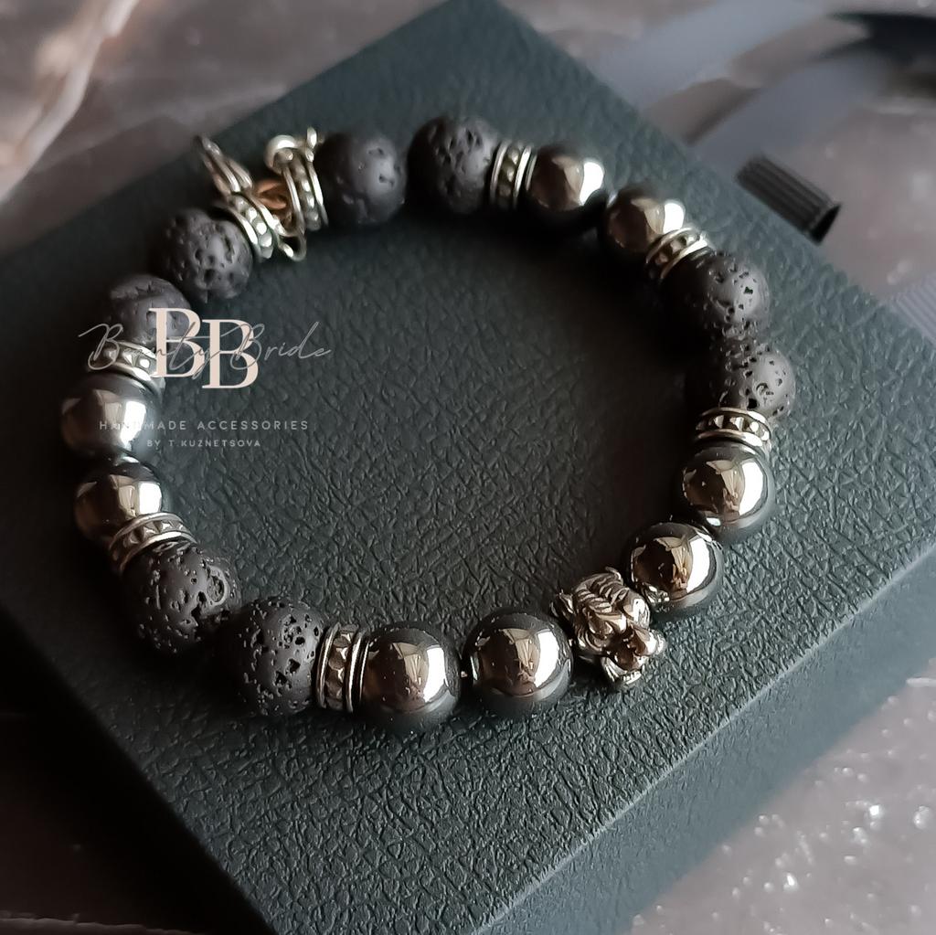 Мужской браслет из гематита, лавы и стали с головой тигра