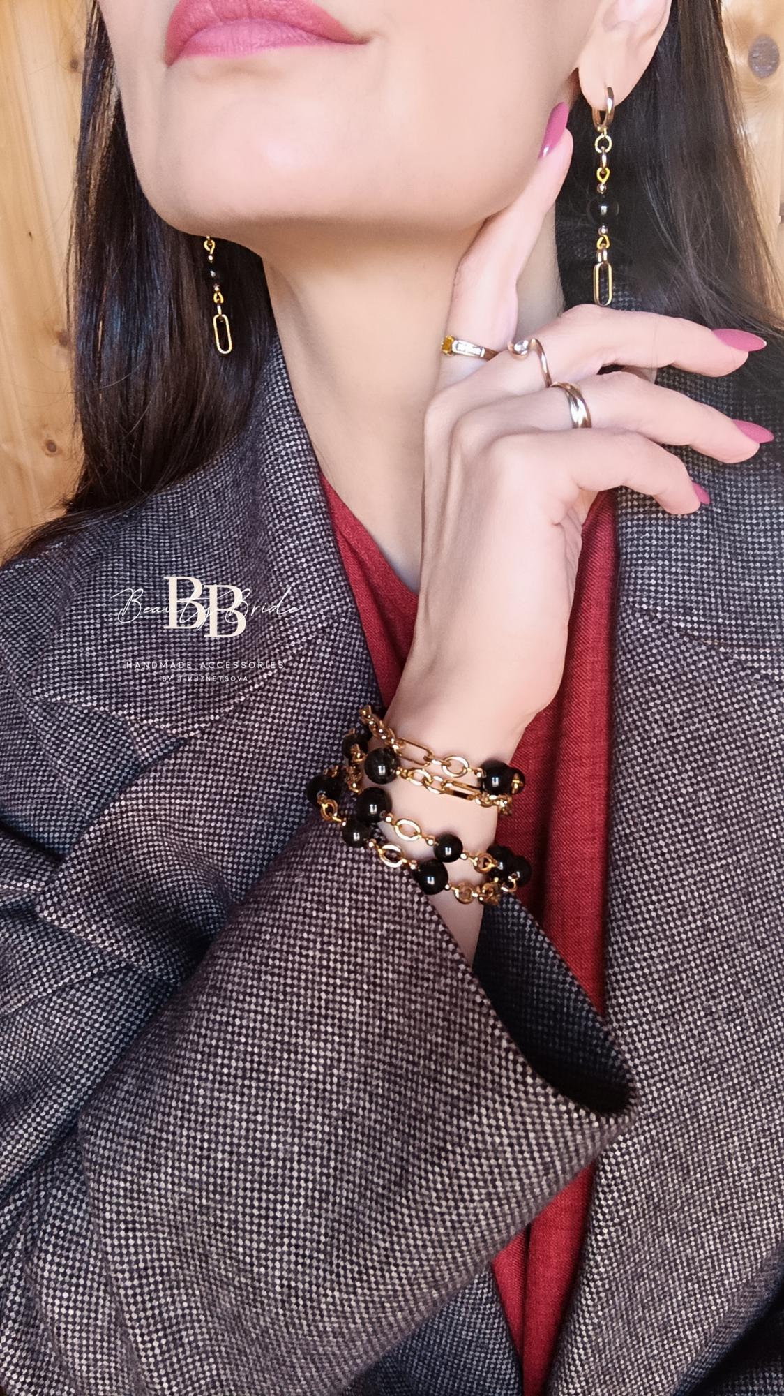 Колье-трансформер и асимметричные серьги с обсидианом