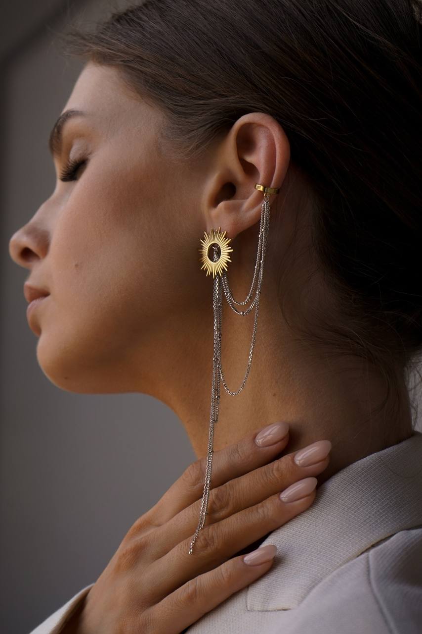 Моносерьга пусета СОЛНЦЕ - HELIOS с джекетом и с каффом в позолоте