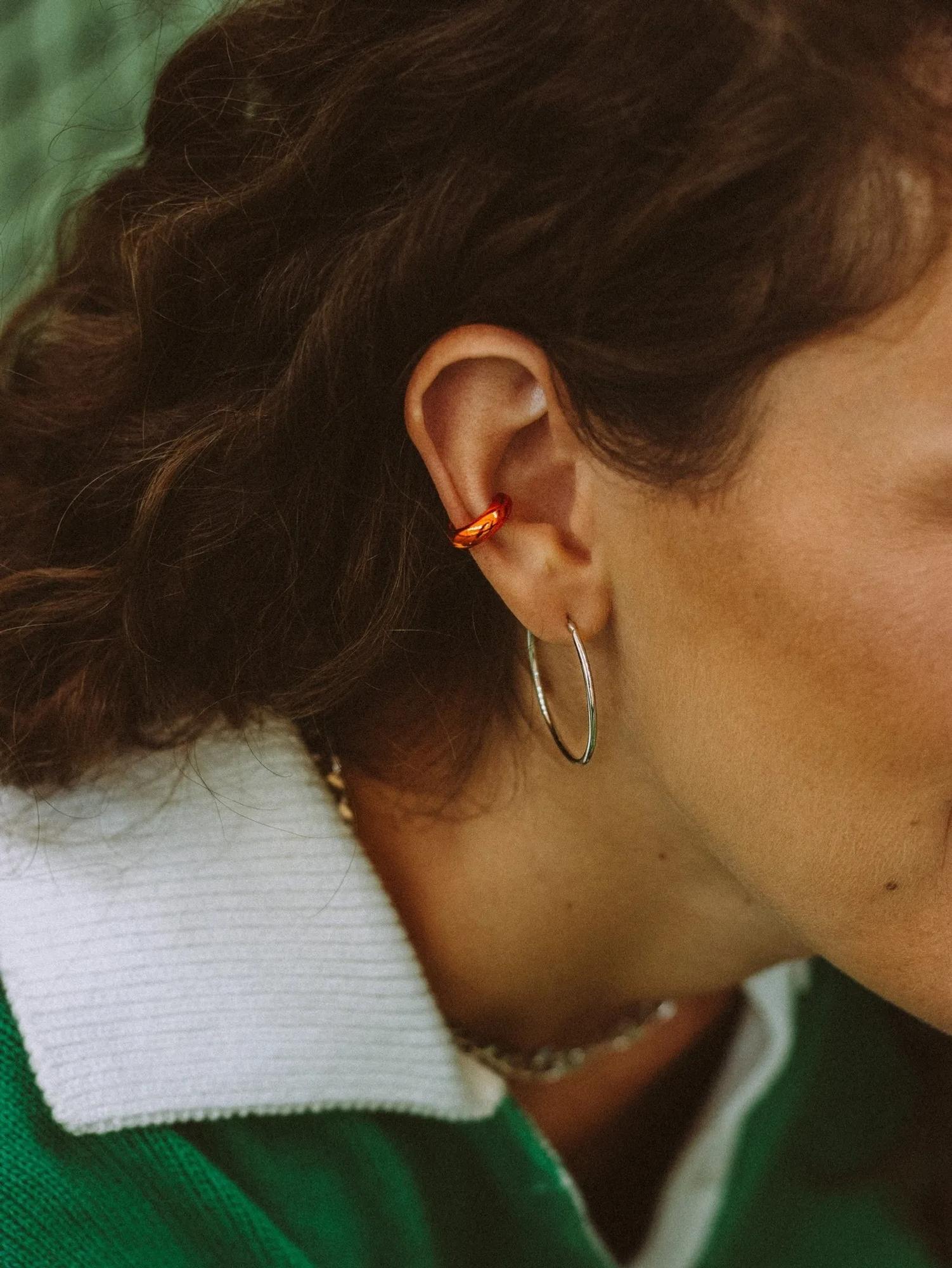 Серебряная серьга-кафф объемный оранжевый Баббл - Bubble orange