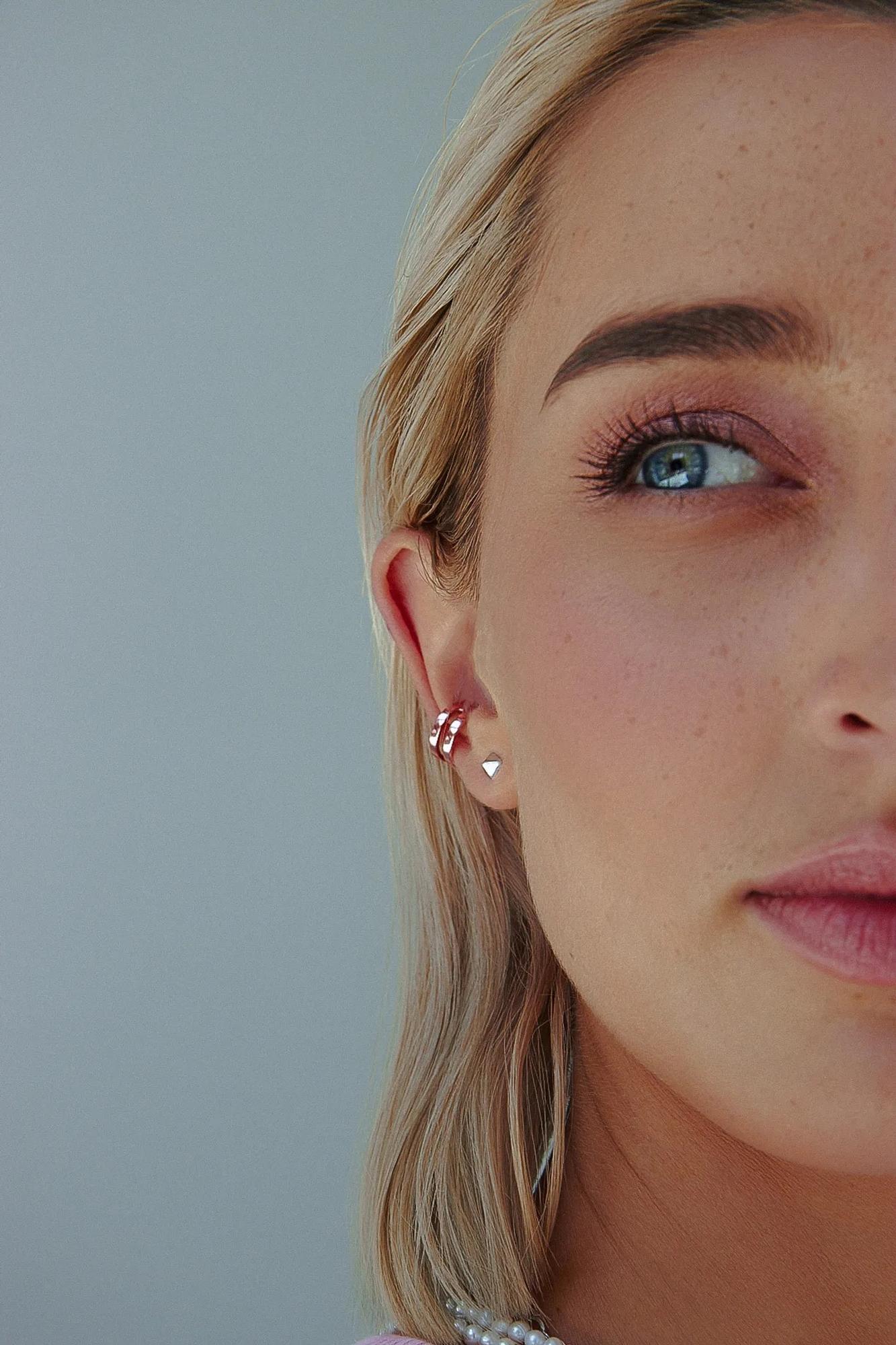 Серебряная двойная серьга-кафф, розовая эмаль - Pink