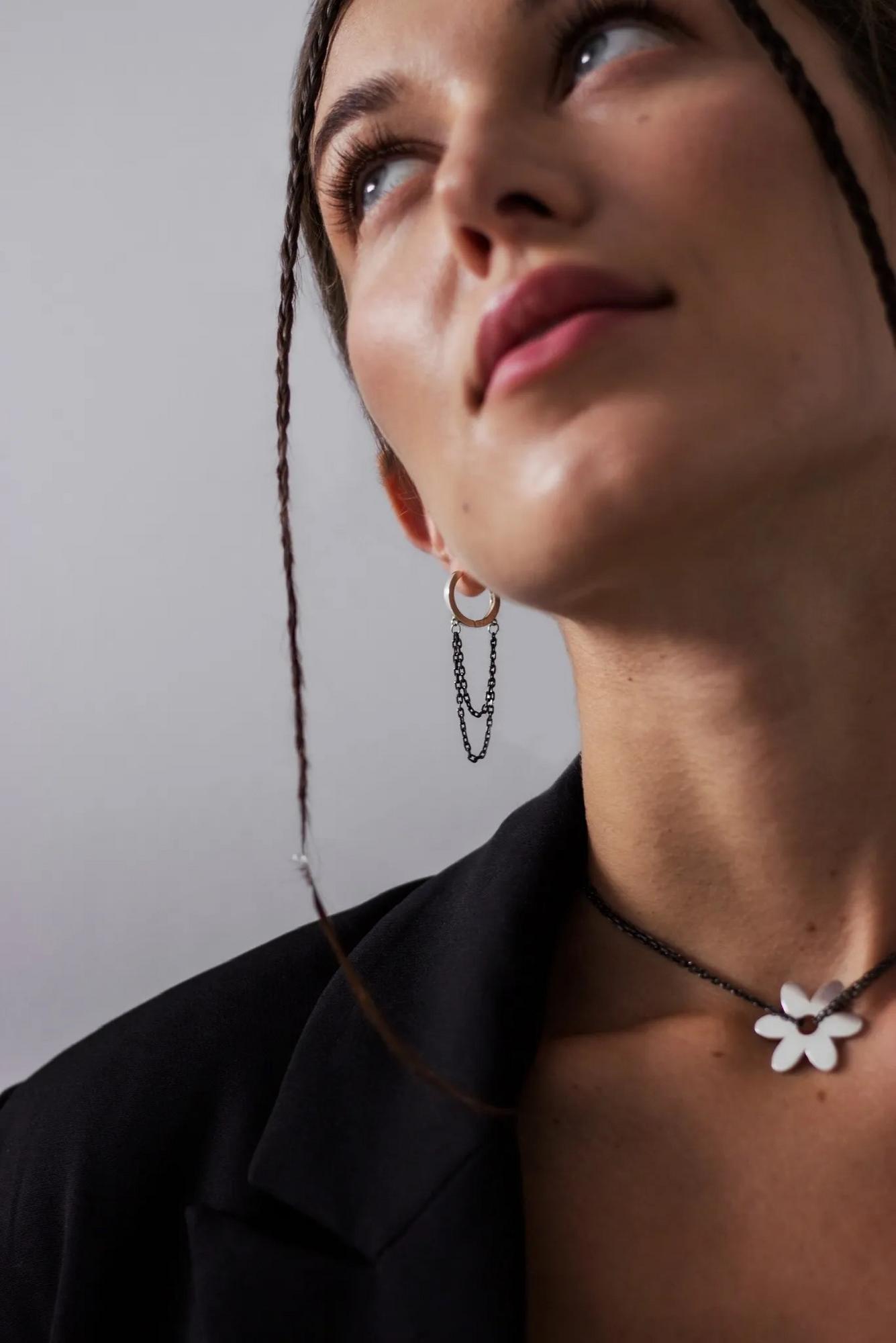 Серебряная моносерьга Черные цепи - Black chains