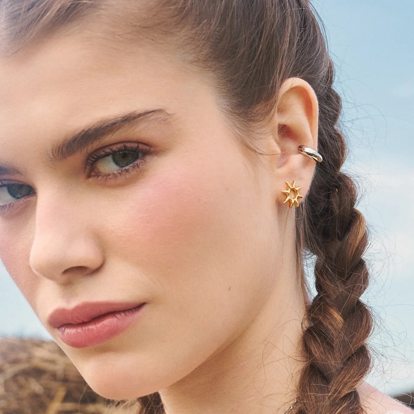 Серебряные серьги-пусеты «Солнце» позолота