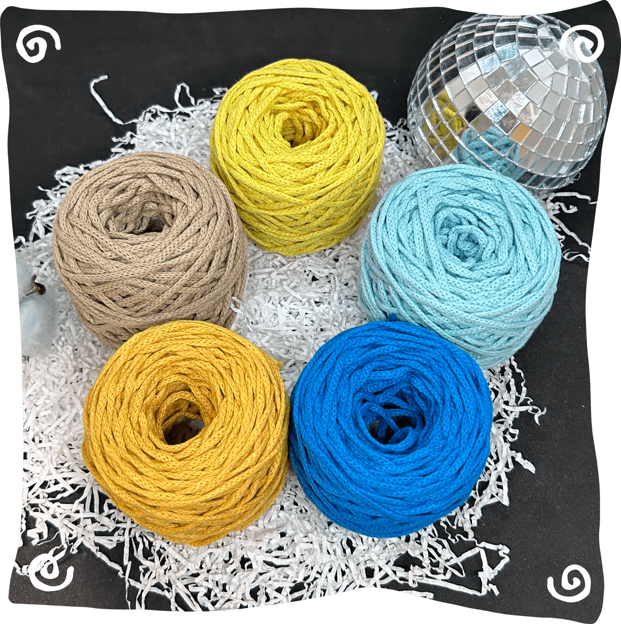 Набор №18 - "Лимон с синим" ХБ 3 мм клубок, 5 по 80г, 45м, цвета – 19,22,23,38,39