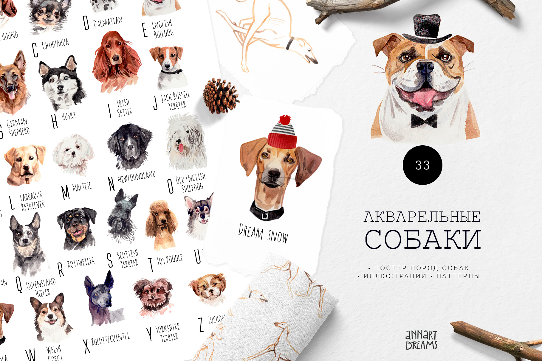 акварельная иллюстрация, акварельная иллюстрация с собаками, породы собак, постер с породами собак, паттерны