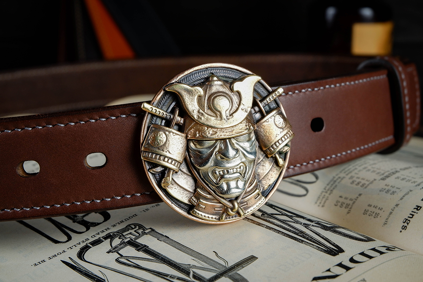 Ремень "Самурай", коричневая японская кожа, триметалл (SABRJ)