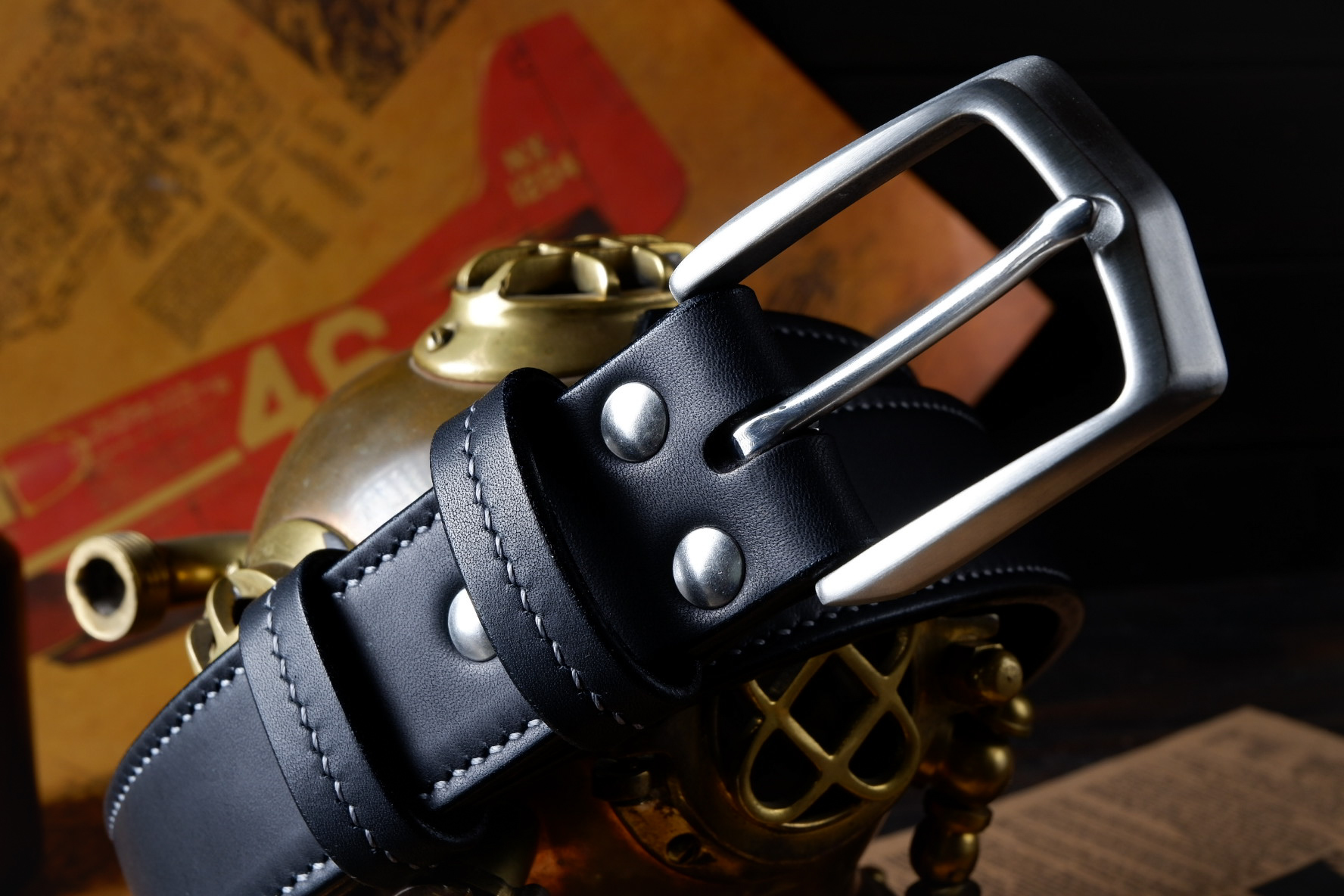 Ремень из черной японской кожи, нержавеющая сталь (JBSS05)