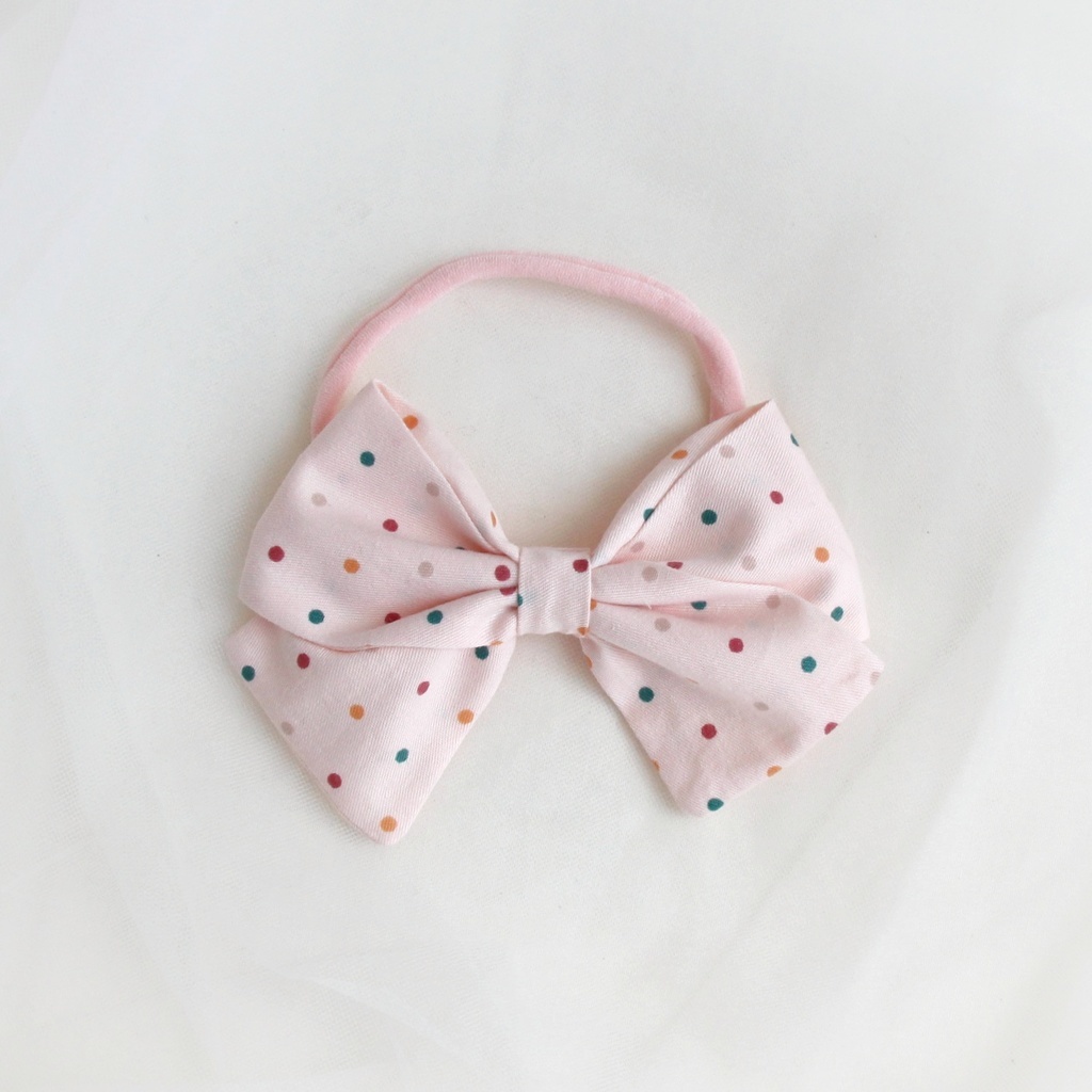 Повязка на голову "Хлопковый бант" пудровый в горошек