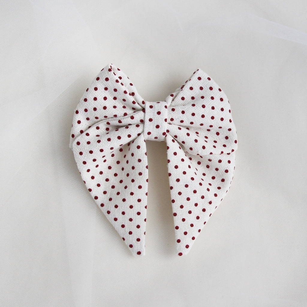 Заколка зажим "Льняной бант" в бордовый горошек