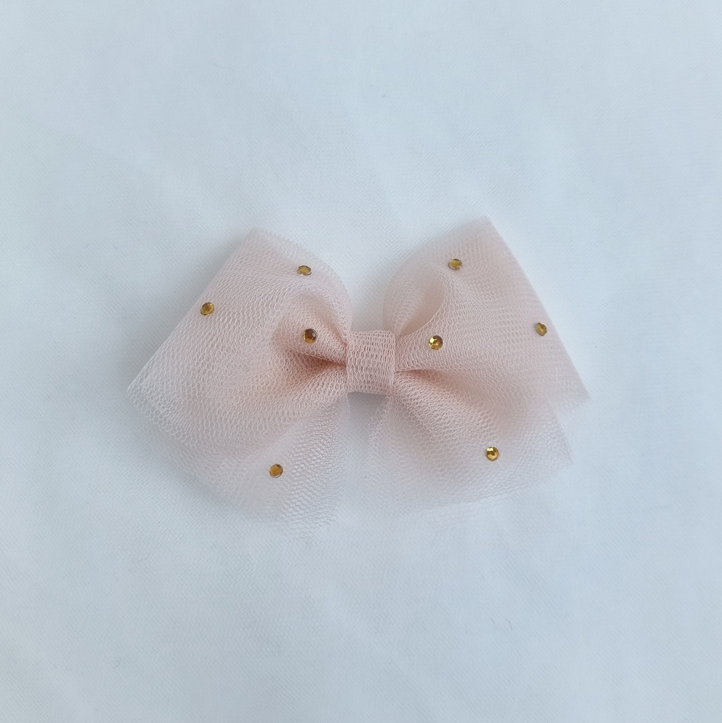 Заколка-зажим "Фатиновый бант со стразами" персиковый