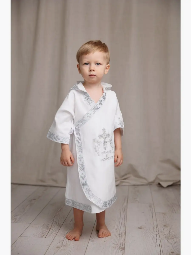 Крестильная рубашка с капюшоном "Серебряный крест"