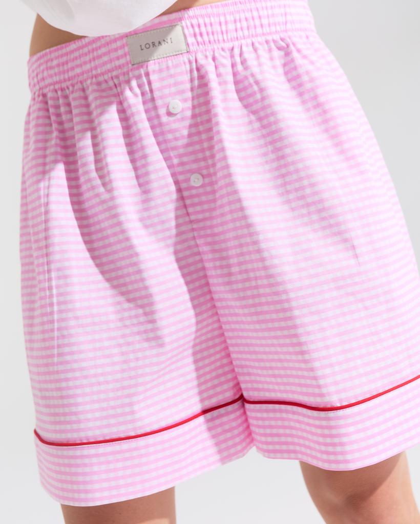 Шорты на резинке из хлопка в мужском стиле принт клетка розовые