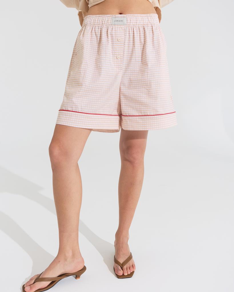 Шорты на резинке из хлопка в мужском стиле принт клетка бежевые