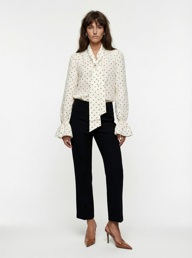 Блуза с бантом белая в горох