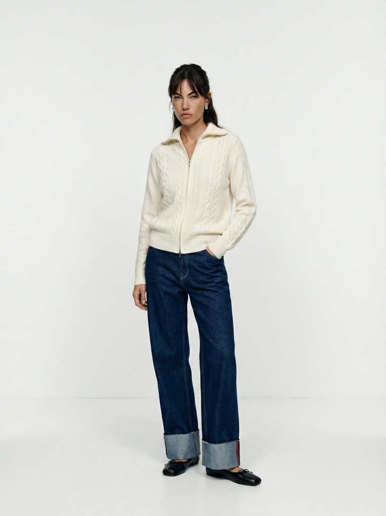 Кардиган на молнии с горлом молочный