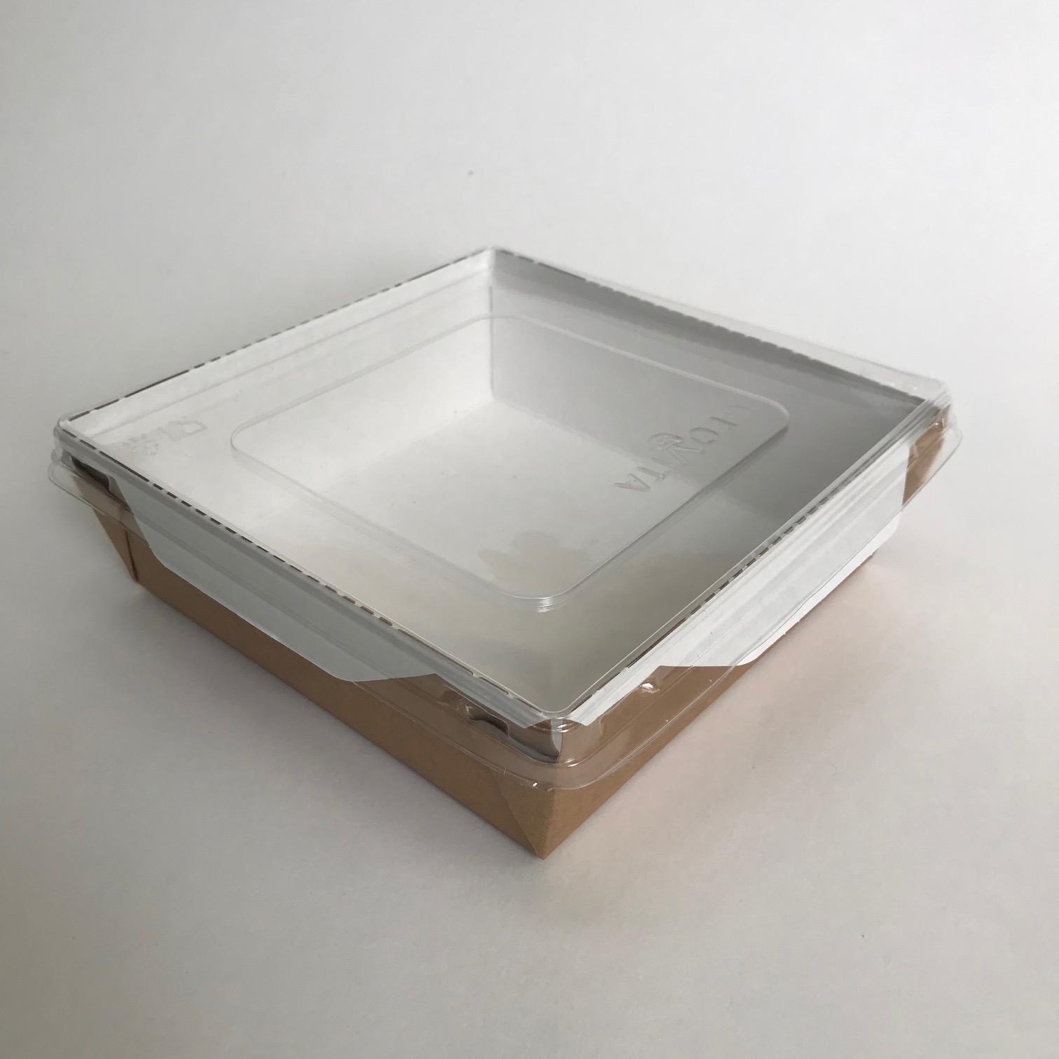 Салатник 1200 мл с прозрачной плоской крышкой, крафт/белый, 50 штук/упак.