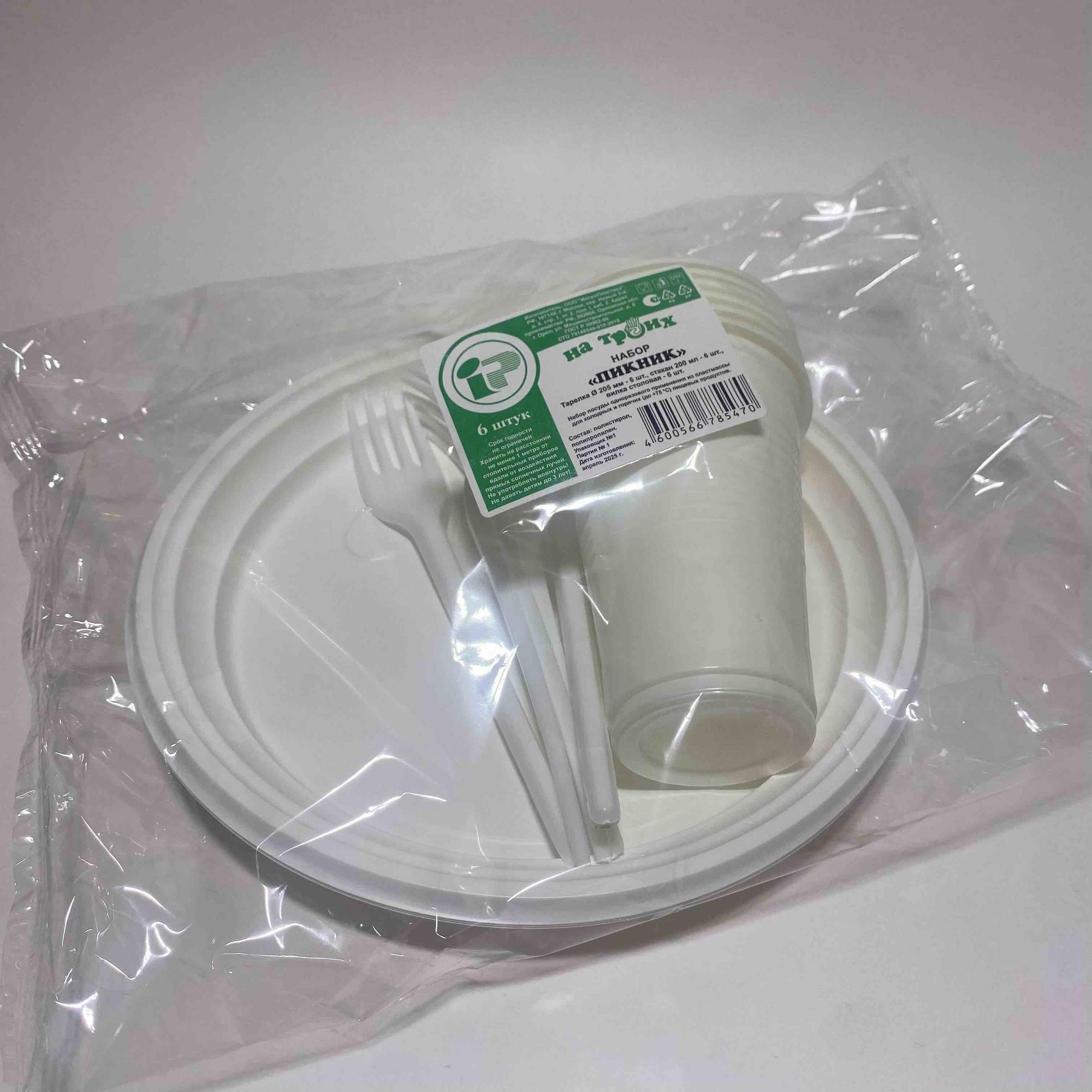 Набор "Пикник" на 6 персон , ПС, ПП  (по 6 вилок, тарелок, стаканов)