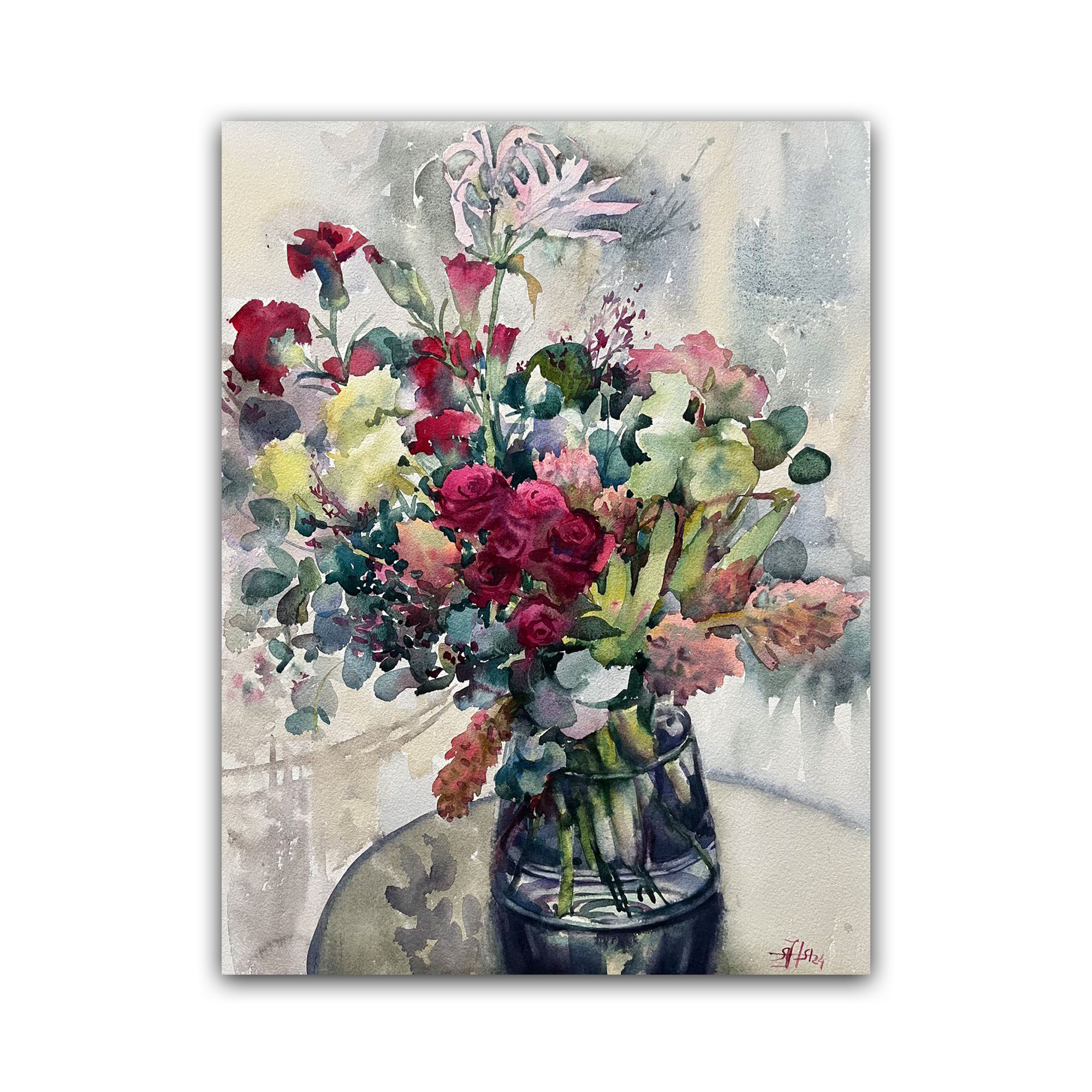 Картина "Букет с малиновыми розами и гиацинтами"