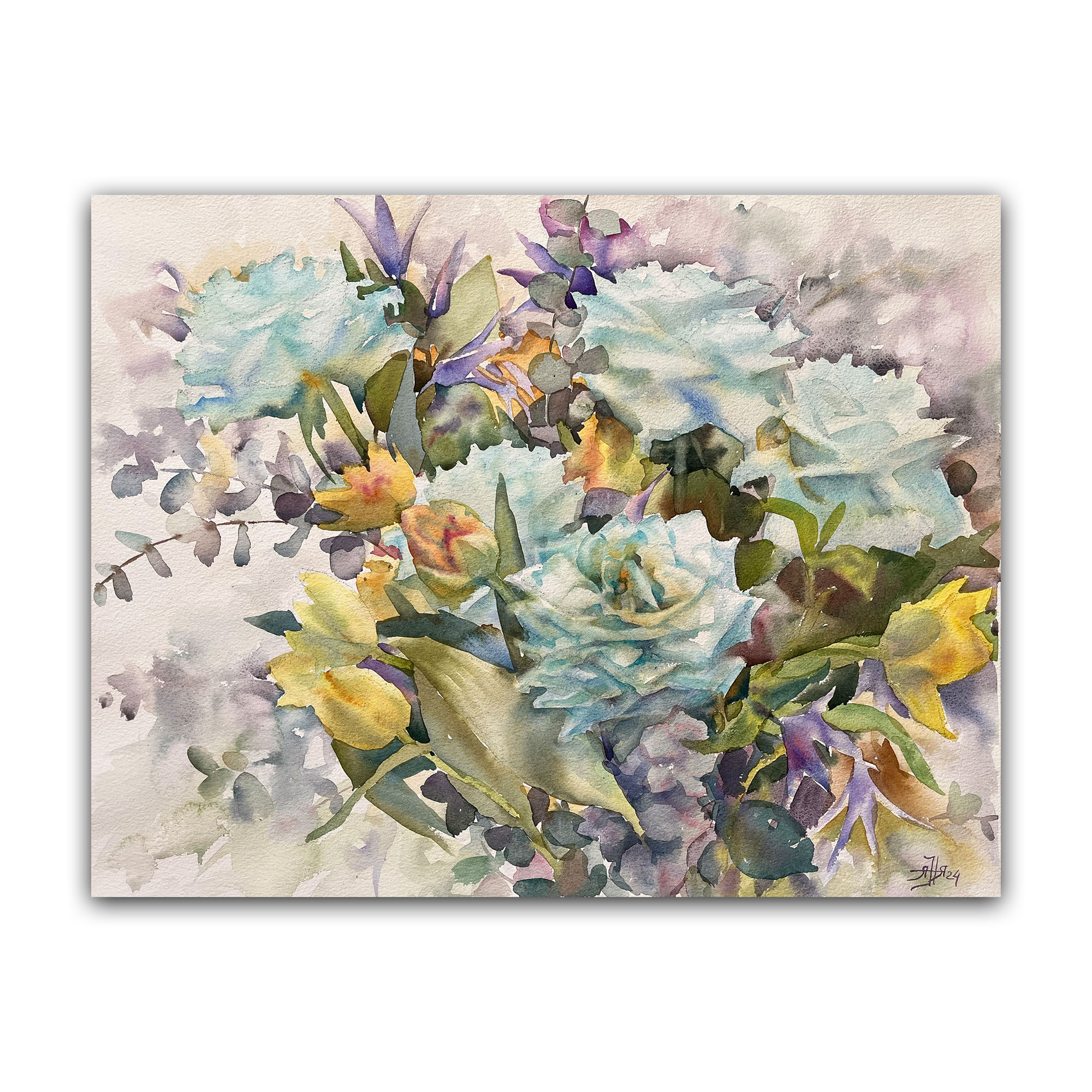 Картина "Бирюзовые розы и тюльпаны"