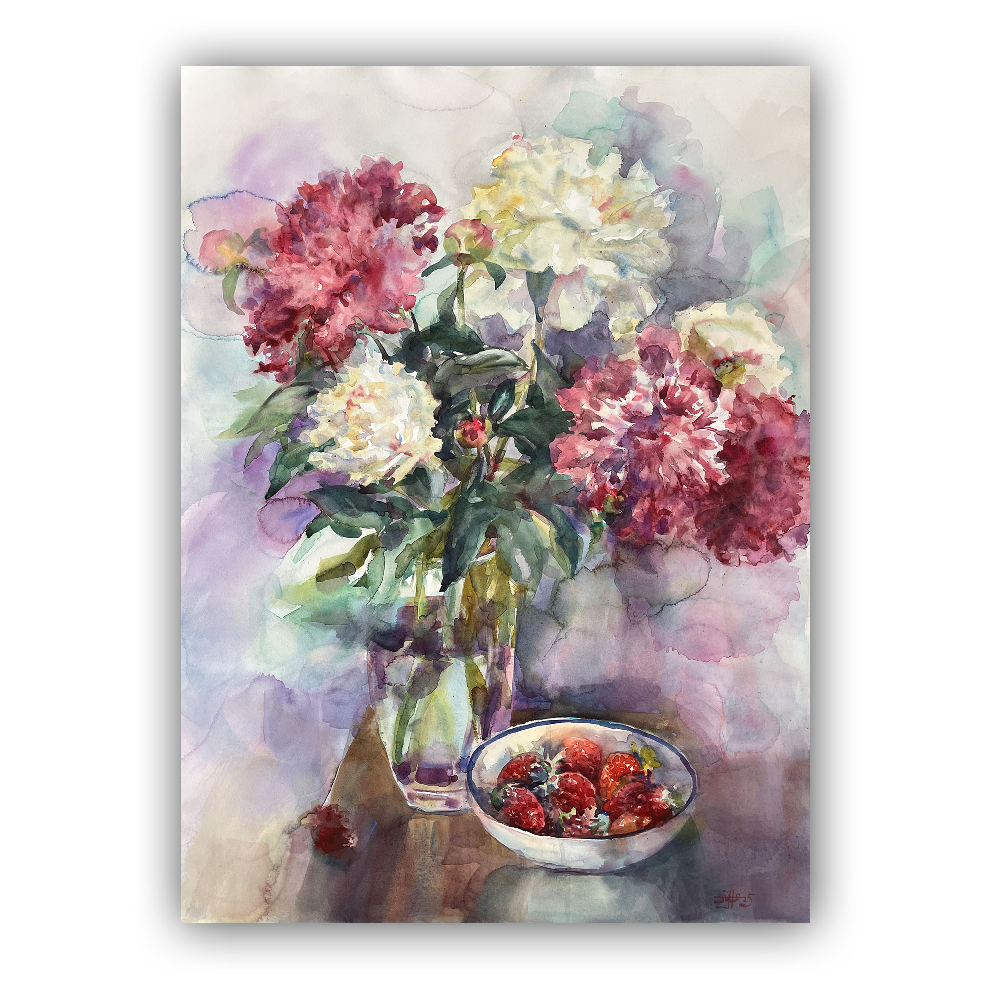 Картина "Пионы с клубникой"