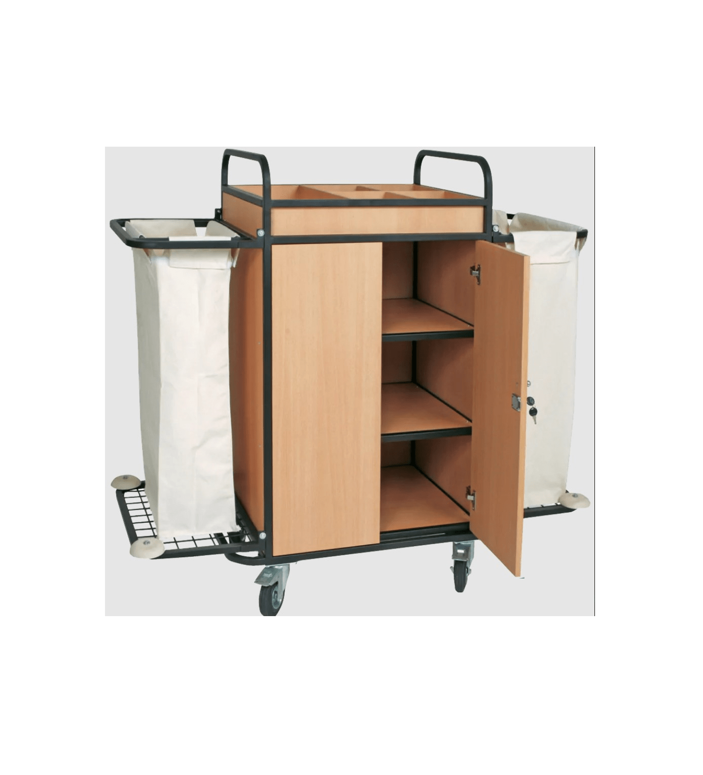 Тележка для горничных с полками из МДФ и 2-мя мешками на 110л. для сбора грязного белья.