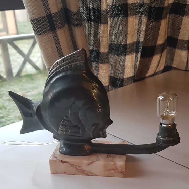 Бронзовая лампа-рыба на мраморном основании, 23х17, Франция