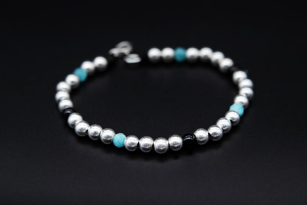 Браслет, серебро, амазонит, оникс Am047