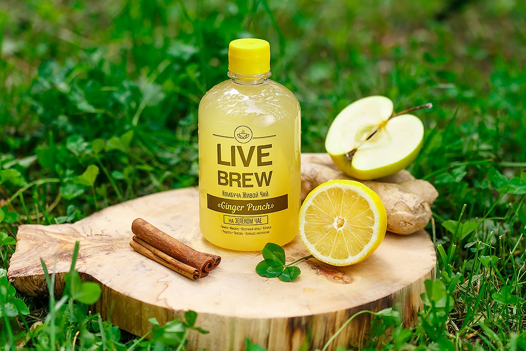 Комбуча "Ginger Punch" на зелёном чае (Лимон + Имбирь + Яблочный фрэш + Корица)