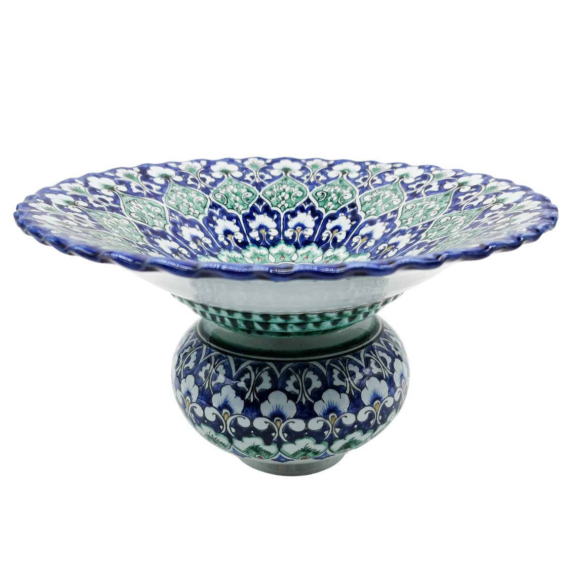 Авторская ваза-фруктовница Цветочная поляна, риштанская керамика ручной работы, мастер Гафур Бободжонов