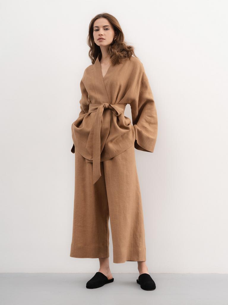 Льняной женский костюм с брюками бежевый купить в интернет-магазине Pure Linen