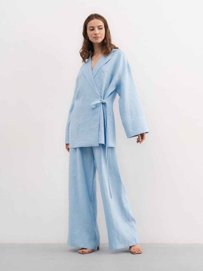 Льняной женский костюм с брюками голубой купить в интернет-магазине Pure Linen