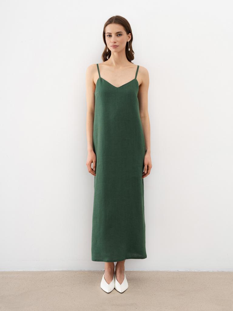 Льняное платье на бретелях зеленое купить в интернет-магазине Pure Linen