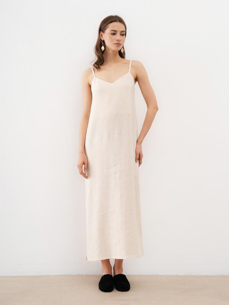 Льняное платье на бретелях кремовое купить в интернет-магазине Pure Linen