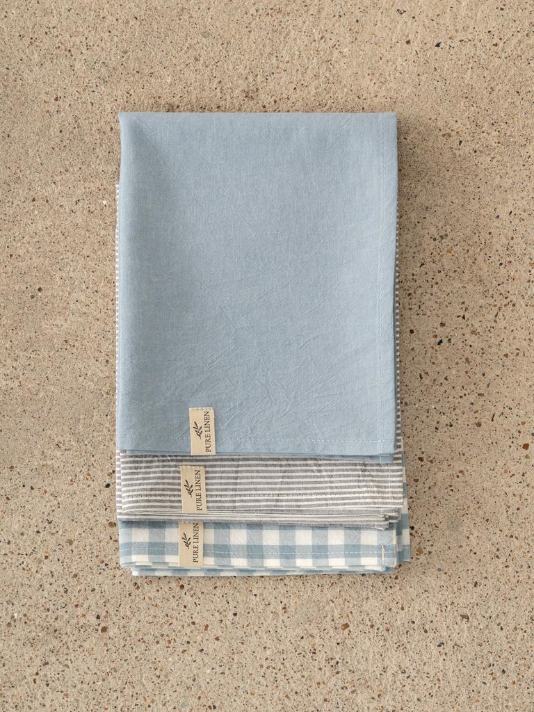 Набор кухонных полотенец из варёного хлопка «Тёплая речка» — голубой, клетка, серая полоска