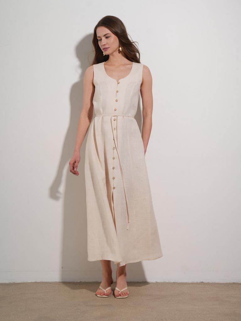 льняное платье миди с пуговицами и поясом кремовое