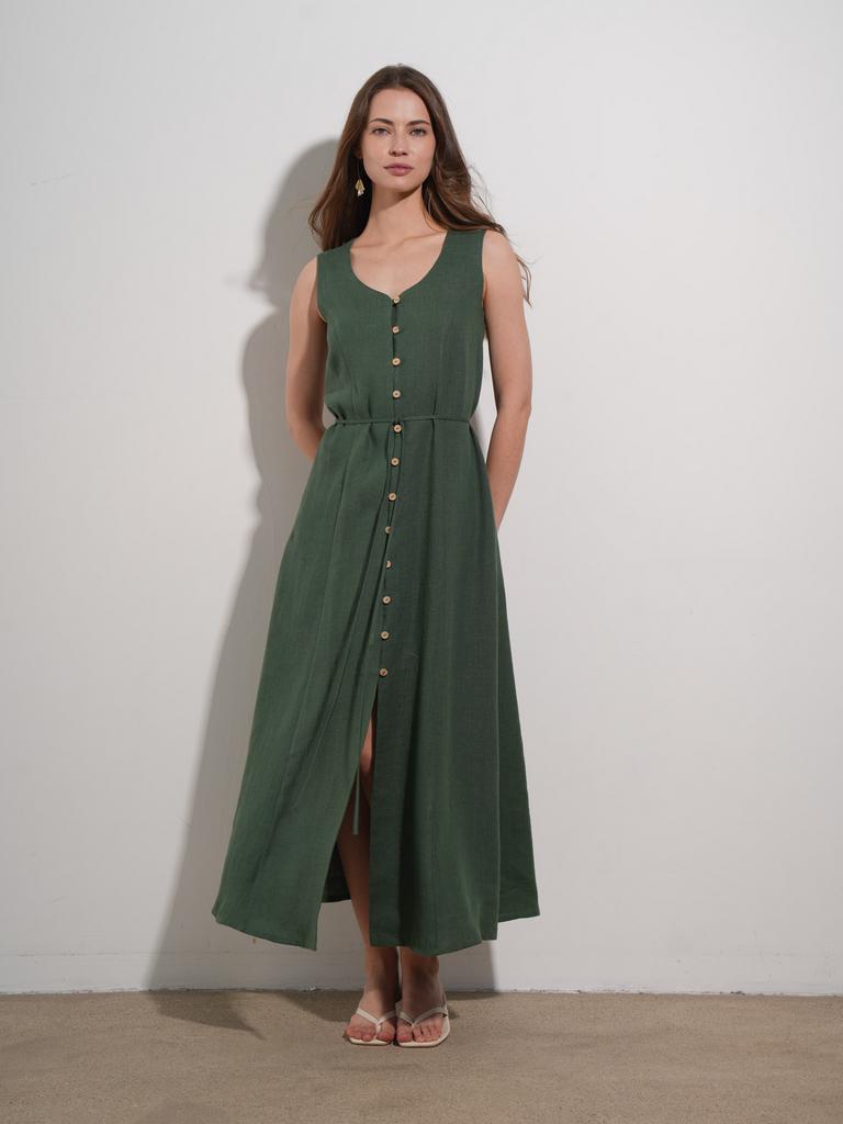 льняное платье зеленое миди на пуговицах с поясом вид спереди