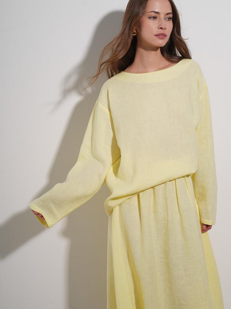 Льняной лонгслив свободного кроя лимонного цвета