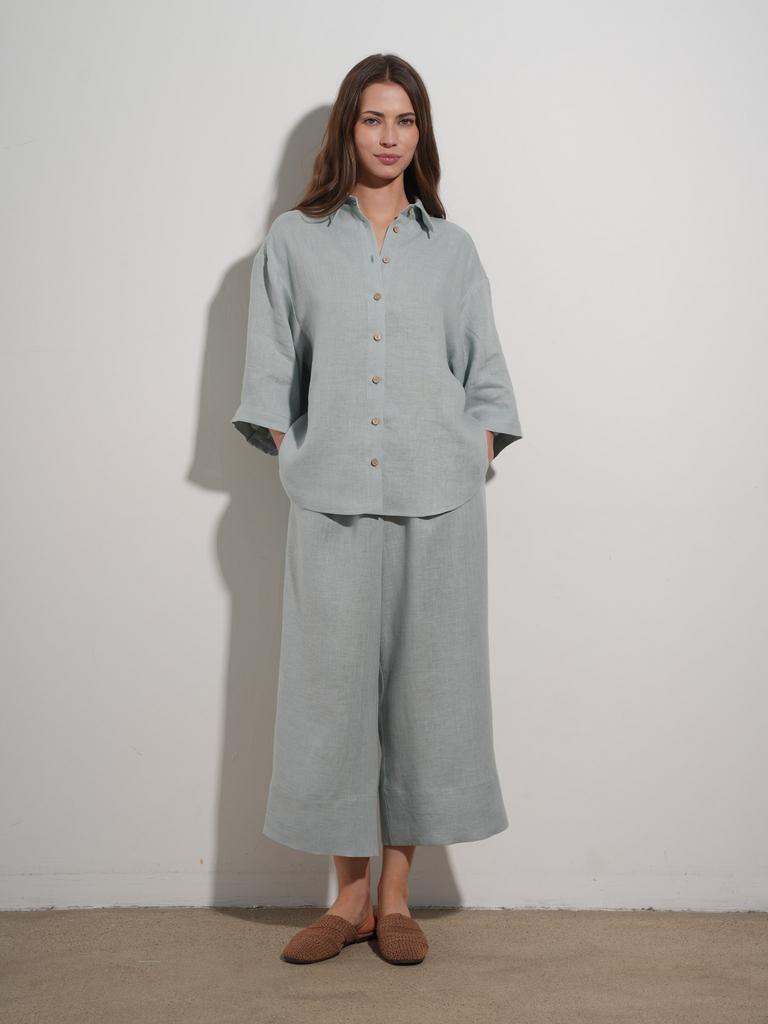 Кюлоты льняные серо-голубые на резинке с карманами