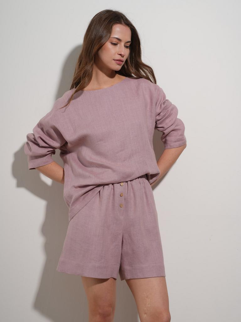 Льняные шорты на резинке пыльно-розового цвета