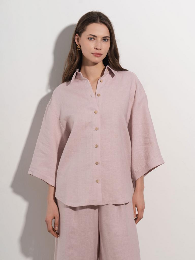 Рубашка льняная светло-розового цвета оверсайз с широким рукавом Pure Linen