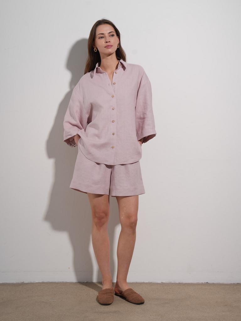 шорты льняные светло-розового цвета на резинке