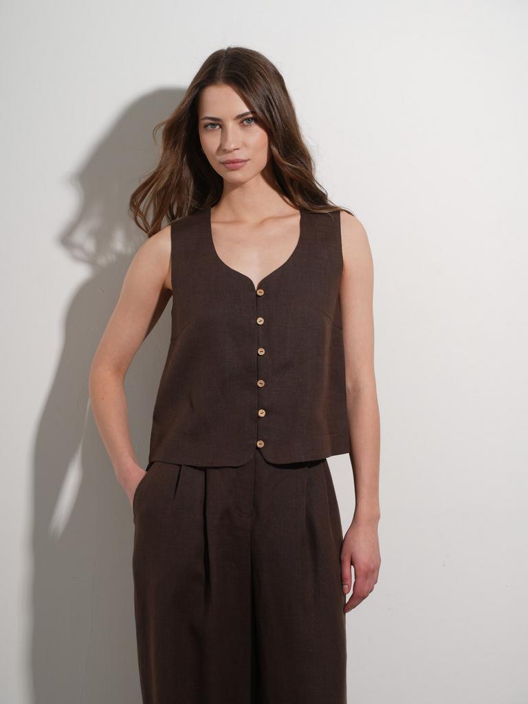 Льняной жилет тёмный шоколад на пуговицах без рукавов