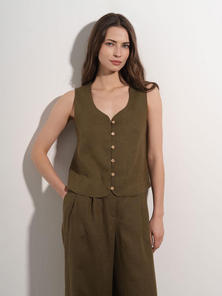 Льняной жилет оливкового цвета на пуговицах Pure Linen