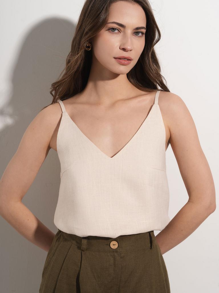 Льняной топ на бретелях женский кремового цвета, лёгкий летний топ из натурального льна