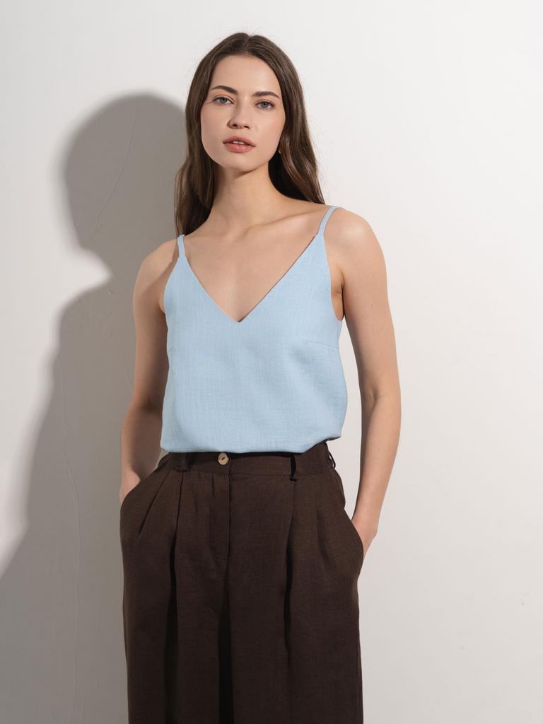 голубой льняной топ на бретелях женский, летний топ из льна голубой