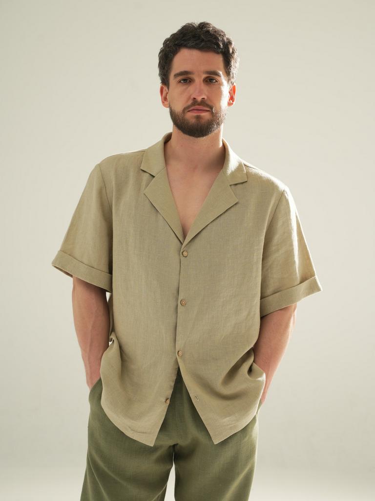 мужская льняная рубашка короткий рукав фисташковая рубашка из льна мужская свободная зелёная мужская рубашка лен Pure Linen