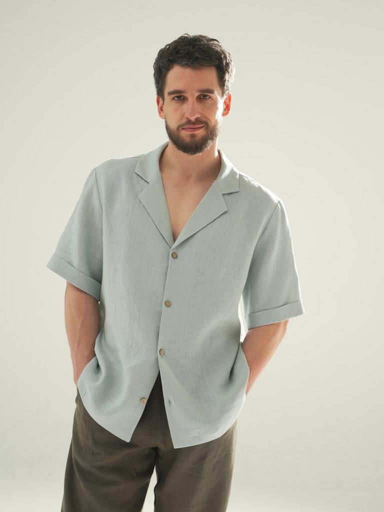 мужская льняная рубашка мистраль рубашка из льна серо бирюзовая мужская мужская рубашка лен Pure Linen