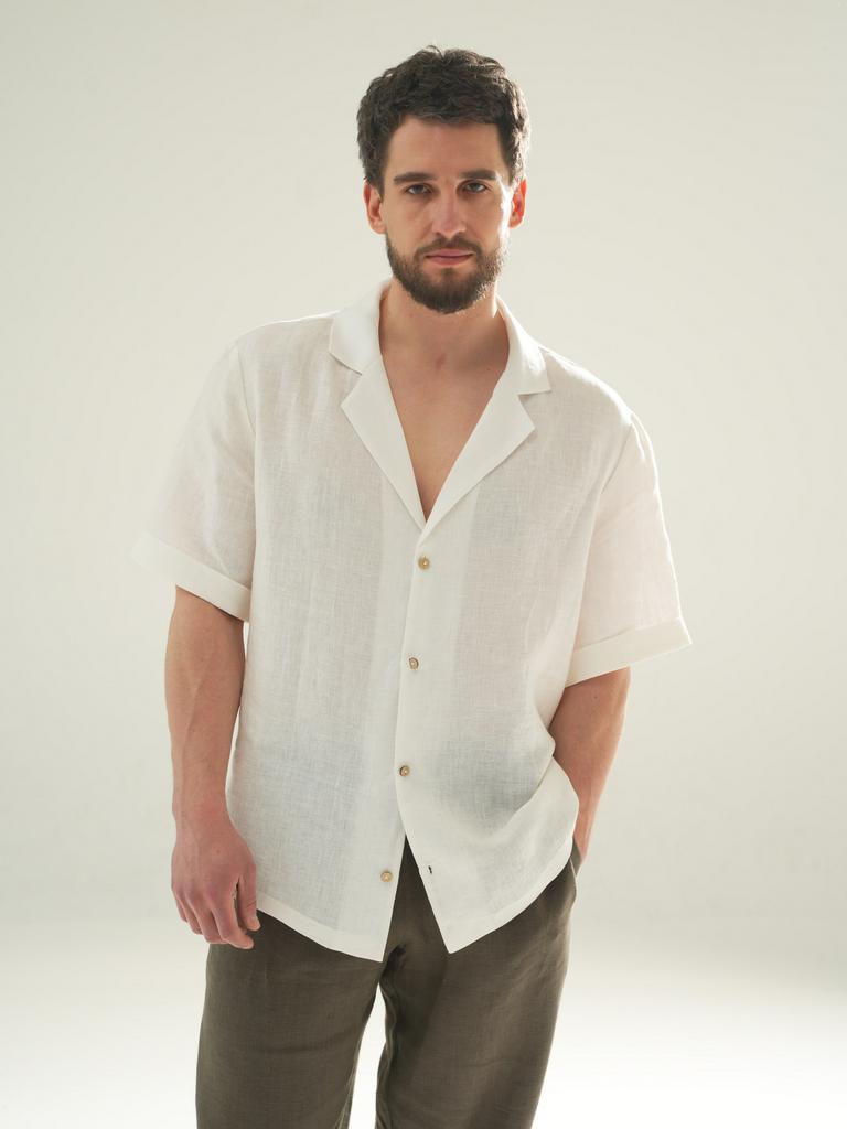 мужская льняная рубашка белая короткий рукав рубашка из льна мужская белая свободная мужская рубашка лен Pure Linen