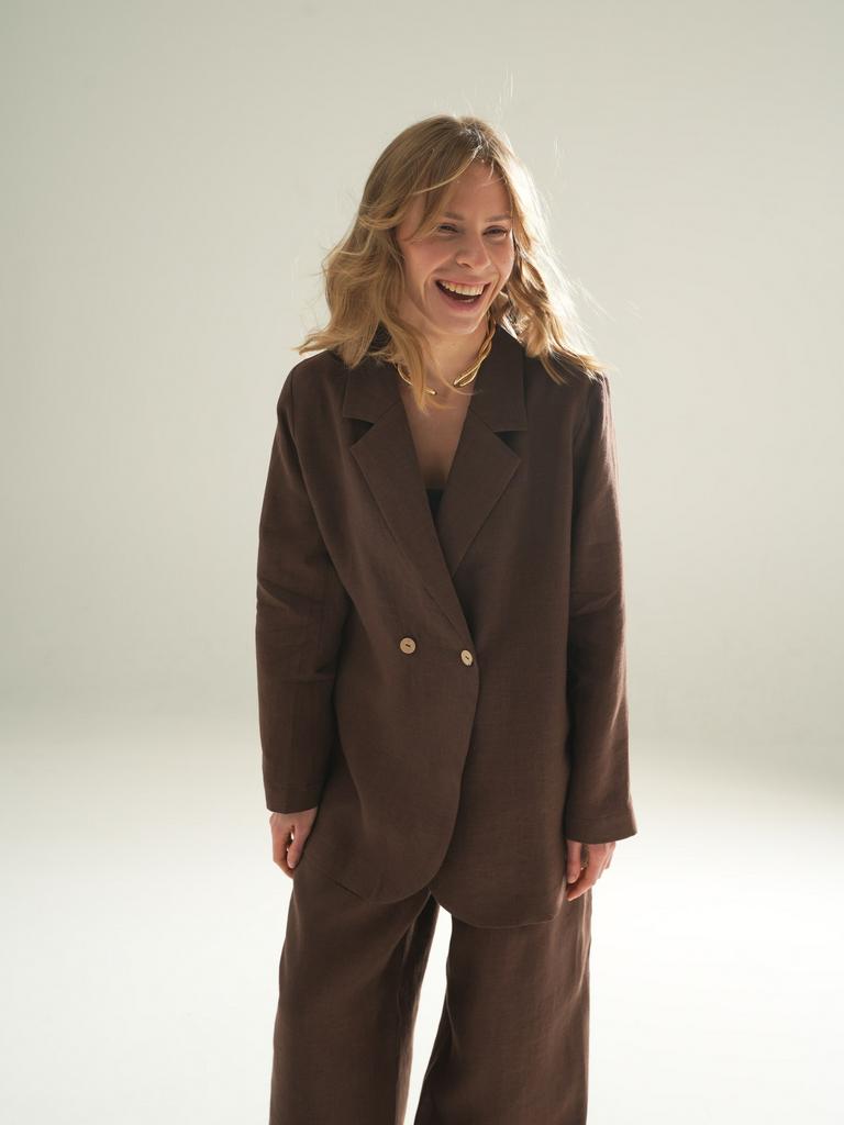 льняной жакет женский шоколадный жакет из льна свободный коричневый женский жакет лен Pure Linen